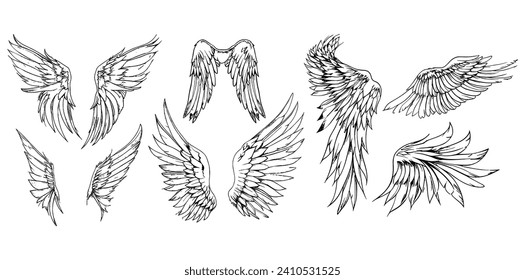 Angel wings illustration vector set, wings graphic element, thin line black, angelic feathered vectors, angel wing clipart collection