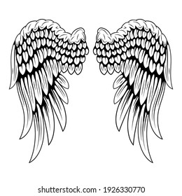 Angel wings isolated on white background. Black and white illustration of bird wings. Element for the logo.