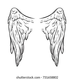 Angel wings isolated on white background hand drawn vector illustration. Black work, flash tattoo or print design.