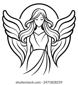 Angel with wings. line art isolated on white