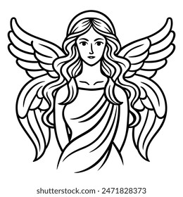 Angel with wings. line art isolated on white