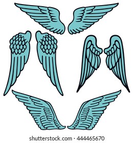Angel wings linear set silhouette isolated on background, vector illustration