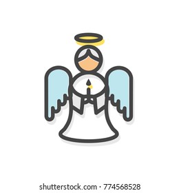 Angel with wings, made of feathers, nimbus and areola above head, candle with fire in hands, and costume Christmas icon, vector illustration