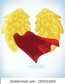 angel wings. Masquerade costume. Carnival or Halloween Cartoon Vector illustration. Funny super hero flying with cloak. Funny super hero flying with cloak.
