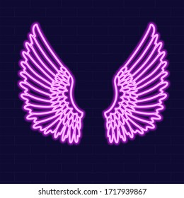 Angel wings neon sign on dark background vector illustration. Logo design template. Light banner, glowing neon signboard for advertising. Religious symbol.