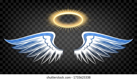 Angel Wings With Nimbus. Heaven Angels White Wings Isolated On Transparent Background, Cute Cartoon Drawing Angelic Feathers And Holy Halo For Soul Funeral