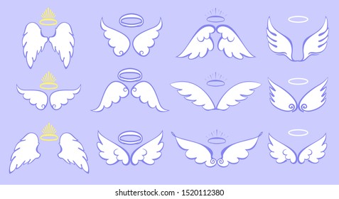 Angel wings with nimbus. Angel winged glory halo cute cartoon drawings vector illustration on blue background. Cartoon vector icons set.