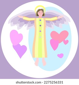 An angel with wings on the background of a circle with hearts. In yellow and purple colors. For illustrations.