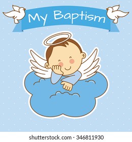 Angel wings on a cloud. boy baptism