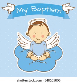 Angel Wings On A Cloud. Boy Baptism