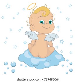 Angel wings on a cloud. greeting card with the angel for birthday. 