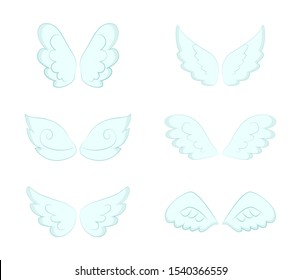 Angel Wings pairs vector, isolated set. Bluish wide plumage of angelic and heavenly creatures, symbol of freedom and purity. Decorative feathers. Flight and cupid accessory