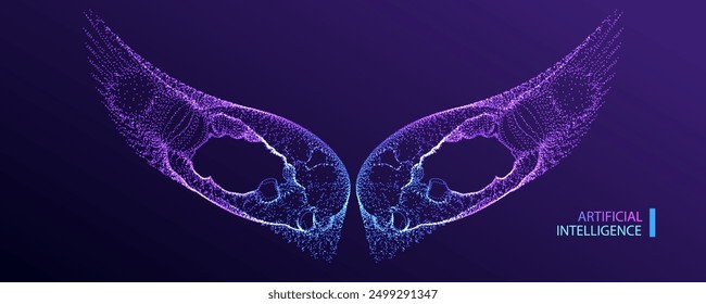 Angel Wings particles background. Vector neon hell wings concept. Particle animals feather icon. Modern tattoo design. Ai dots decoration.