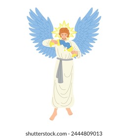 Un ángel con alas vierte agua de un recipiente a otro. Diseño de la tarjeta del tarot Arcana. Dibujado a mano estilo plano de dibujos animados. Temperanza.