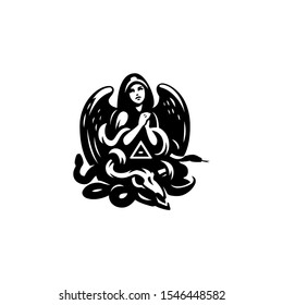 An angel with wings prays. Below is the skull of an animal and a snake.