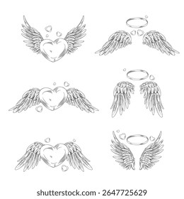 Asas de anjo com desenho de anel e coração. Par de aves penas aladas vetor mão desenhado ilustrações conjunto. Amo o símbolo do céu. Asas heráldicas com elemento de design nimbus isolado. Imagens de tatuagem gótica