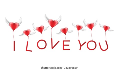 Angel wings with romantic red hearts and text i love you. Banner template.  Vector illustration
