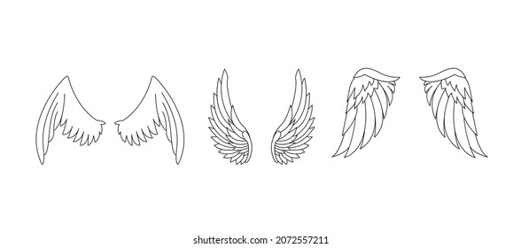 Angel wings. Set of Wings outline with feathers for tattoo, wings for logo