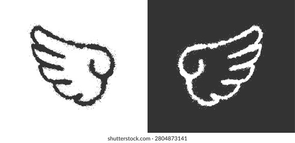 Angel wings shape drawn in textured spray paint graffiti style. Urban streetwear graphic doodle element for creative t-shirt prints and modern apparel design.