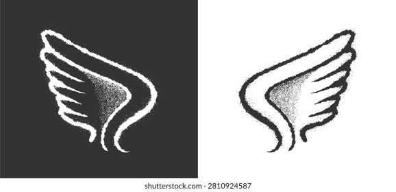 Angel wings shape drawn with white spray paint texture. Creative street art graphic element template with isolated bird feather silhouette layout on black background poster clip art.