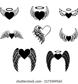 angel wings silhouette. Monochrome drawing elements, Bird wings Vector illustration isolated on white background.