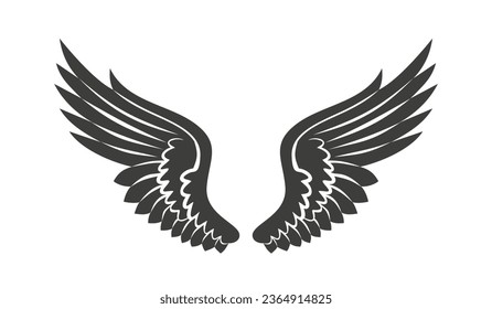 angel wings silhouette. angel wings tattoo design. vector angel wings isolated on white background. hand drawn angel or bird wings silhouettes. Cartoon Vector illustration. black pair of wing.