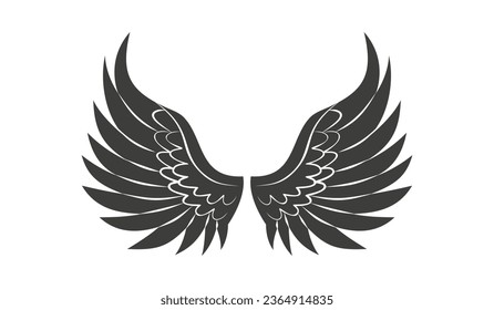 angel wings silhouette. angel wings tattoo design. vector angel wings isolated on white background. hand drawn angel or bird wings silhouettes. Cartoon Vector illustration. black pair of wing.