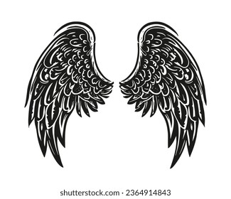 silueta de alas ángel. diseño de tatuajes de alas ángeles. alas de ángel vectorial aisladas en fondo blanco. siluetas de ángel dibujado a mano o de alas de pájaro. Ilustración del vector de dibujos animados. un par de alas negras.