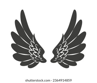 angel wings silhouette. angel wings tattoo design. vector angel wings isolated on white background. hand drawn angel or bird wings silhouettes. Cartoon Vector illustration. black pair of wing.