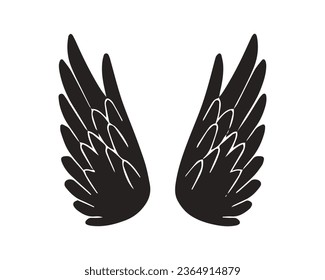 angel wings silhouette. angel wings tattoo design. vector angel wings isolated on white background. hand drawn angel or bird wings silhouettes. Cartoon Vector illustration. black pair of wing.