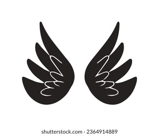 angel wings silhouette. angel wings tattoo design. vector angel wings isolated on white background. hand drawn angel or bird wings silhouettes. Cartoon Vector illustration. black pair of wing.