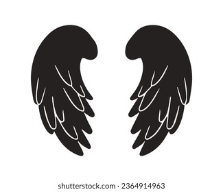 angel wings silhouette. angel wings tattoo design. vector angel wings isolated on white background. hand drawn angel or bird wings silhouettes. Cartoon Vector illustration. black pair of wing.