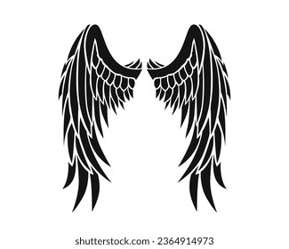 angel wings silhouette. angel wings tattoo design. vector angel wings isolated on white background. hand drawn angel or bird wings silhouettes. Cartoon Vector illustration. black pair of wing.