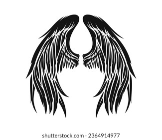 angel wings silhouette. angel wings tattoo design. vector angel wings isolated on white background. hand drawn angel or bird wings silhouettes. Cartoon Vector illustration. black pair of wing.