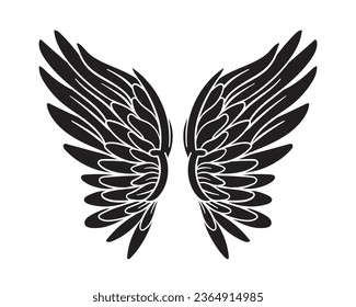 angel wings silhouette. angel wings tattoo design. vector angel wings isolated on white background. hand drawn angel or bird wings silhouettes. Cartoon Vector illustration. black pair of wing.