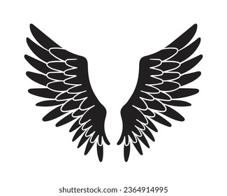 angel wings silhouette. angel wings tattoo design. vector angel wings isolated on white background. hand drawn angel or bird wings silhouettes. Cartoon Vector illustration. black pair of wing.