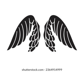 angel wings silhouette. angel wings tattoo design. vector angel wings isolated on white background. hand drawn angel or bird wings silhouettes. Cartoon Vector illustration. black pair of wing.
