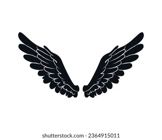 angel wings silhouette. angel wings tattoo design. vector angel wings isolated on white background. hand drawn angel or bird wings silhouettes. Cartoon Vector illustration. black pair of wing.