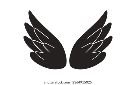 angel wings silhouette. angel wings tattoo design. vector angel wings isolated on white background. hand drawn angel or bird wings silhouettes. Cartoon Vector illustration. black pair of wing.