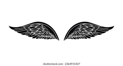 angel wings silhouette. angel wings tattoo design. vector angel wings isolated on white background. hand drawn angel or bird wings silhouettes. Cartoon Vector illustration. black pair of wing.