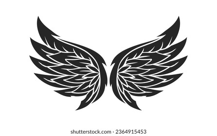 angel wings silhouette. angel wings tattoo design. vector angel wings isolated on white background. hand drawn angel or bird wings silhouettes. Cartoon Vector illustration. black pair of wing.