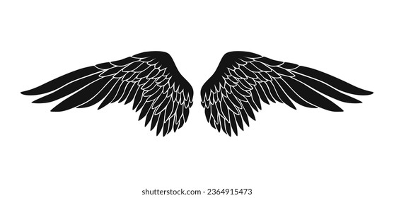 angel wings silhouette. angel wings tattoo design. vector angel wings isolated on white background. hand drawn angel or bird wings silhouettes. Cartoon Vector illustration. black pair of wing.