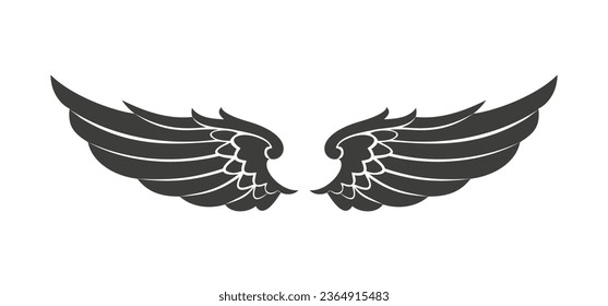 angel wings silhouette. angel wings tattoo design. vector angel wings isolated on white background. hand drawn angel or bird wings silhouettes. Cartoon Vector illustration. black pair of wing.