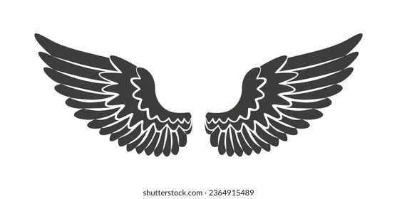 angel wings silhouette. angel wings tattoo design. vector angel wings isolated on white background. hand drawn angel or bird wings silhouettes. Cartoon Vector illustration. black pair of wing.