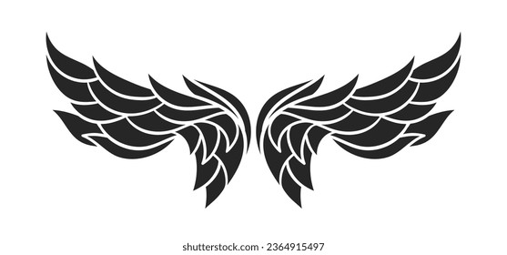 angel wings silhouette. angel wings tattoo design. vector angel wings isolated on white background. hand drawn angel or bird wings silhouettes. Cartoon Vector illustration. black pair of wing.