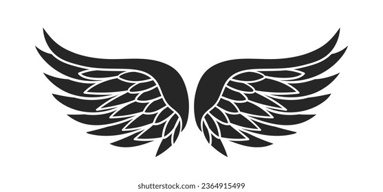 angel wings silhouette. angel wings tattoo design. vector angel wings isolated on white background. hand drawn angel or bird wings silhouettes. Cartoon Vector illustration. black pair of wing.