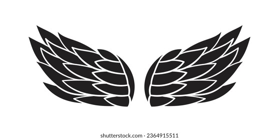 angel wings silhouette. angel wings tattoo design. vector angel wings isolated on white background. hand drawn angel or bird wings silhouettes. Cartoon Vector illustration. black pair of wing.