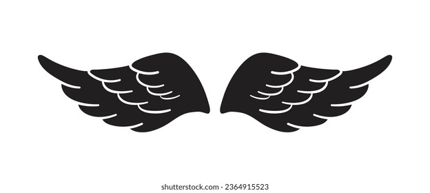 silueta de alas ángel. diseño de tatuajes de alas ángeles. alas de ángel vectorial aisladas en fondo blanco. siluetas de ángel dibujado a mano o de alas de pájaro. Ilustración del vector de dibujos animados. un par de alas negras.