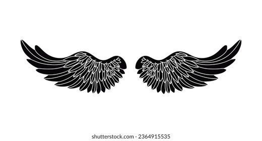 angel wings silhouette. angel wings tattoo design. vector angel wings isolated on white background. hand drawn angel or bird wings silhouettes. Cartoon Vector illustration. black pair of wing.