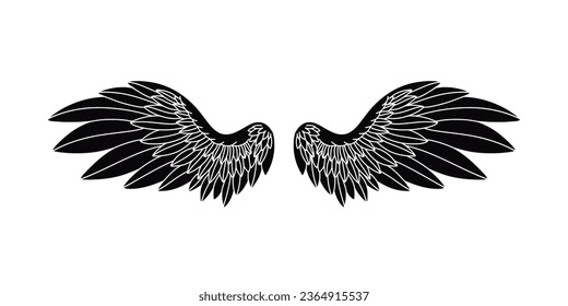 angel wings silhouette. angel wings tattoo design. vector angel wings isolated on white background. hand drawn angel or bird wings silhouettes. Cartoon Vector illustration. black pair of wing.